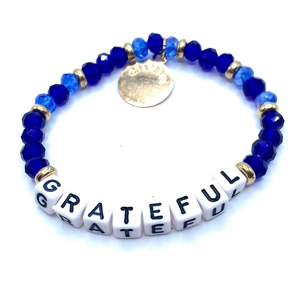 Grateful Beaded Stretch Bracelet Blue Gold Tone - Picture 2 of 4